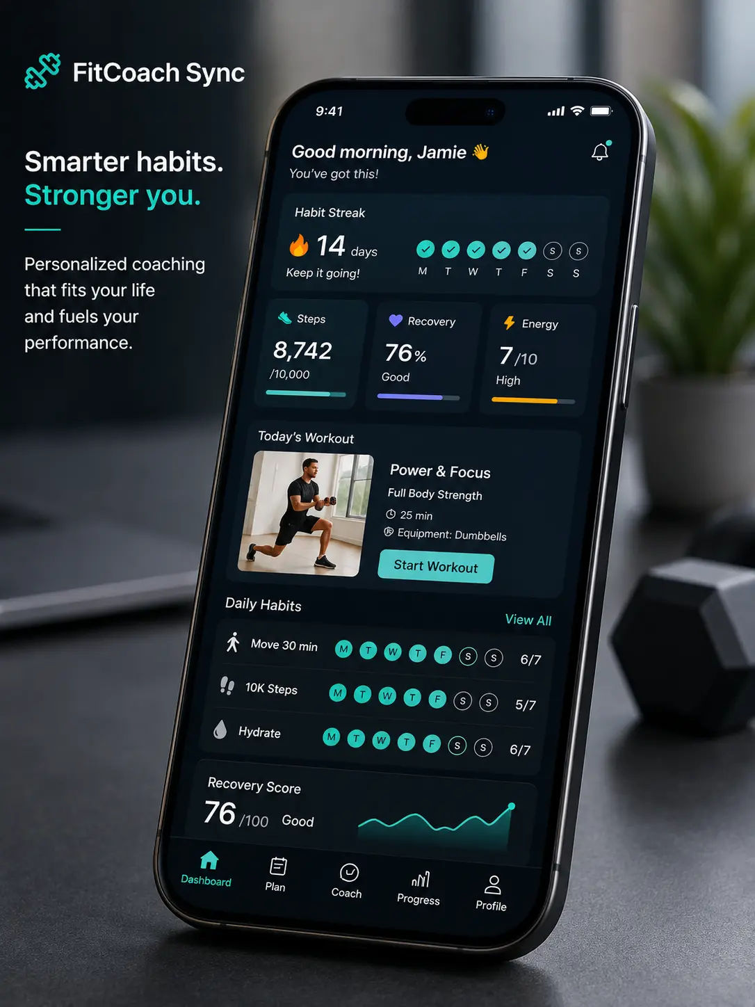 FitCoach Sync mobile app dashboard showing personalized habit tracking and recovery metrics.